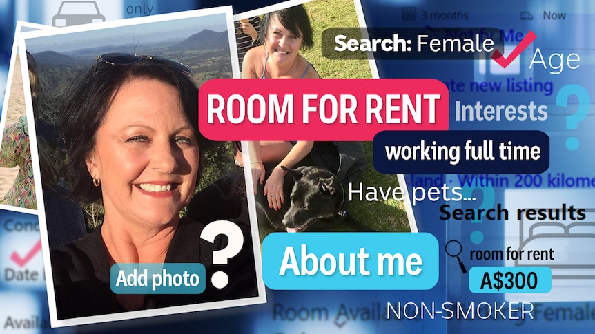 A photo of a woman smiling with various captions overlaid with statements like 'room for rent', 'working full time', 'about me'.