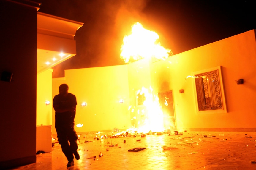 Flames pour from the US Consulate in Benghazi, Libya,