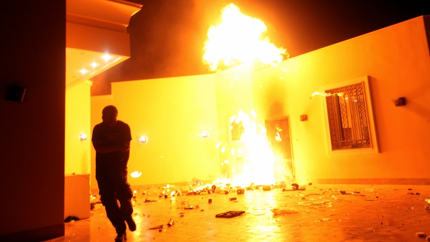 Flames pour from the US Consulate in Benghazi, Libya, during a protest about a movie.