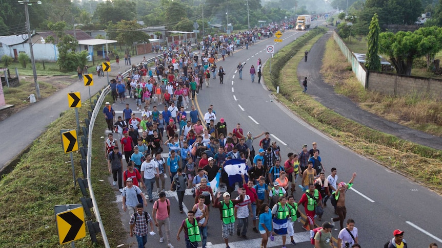 Hundreds of Central American migrants in a long caravan walk on a highway.