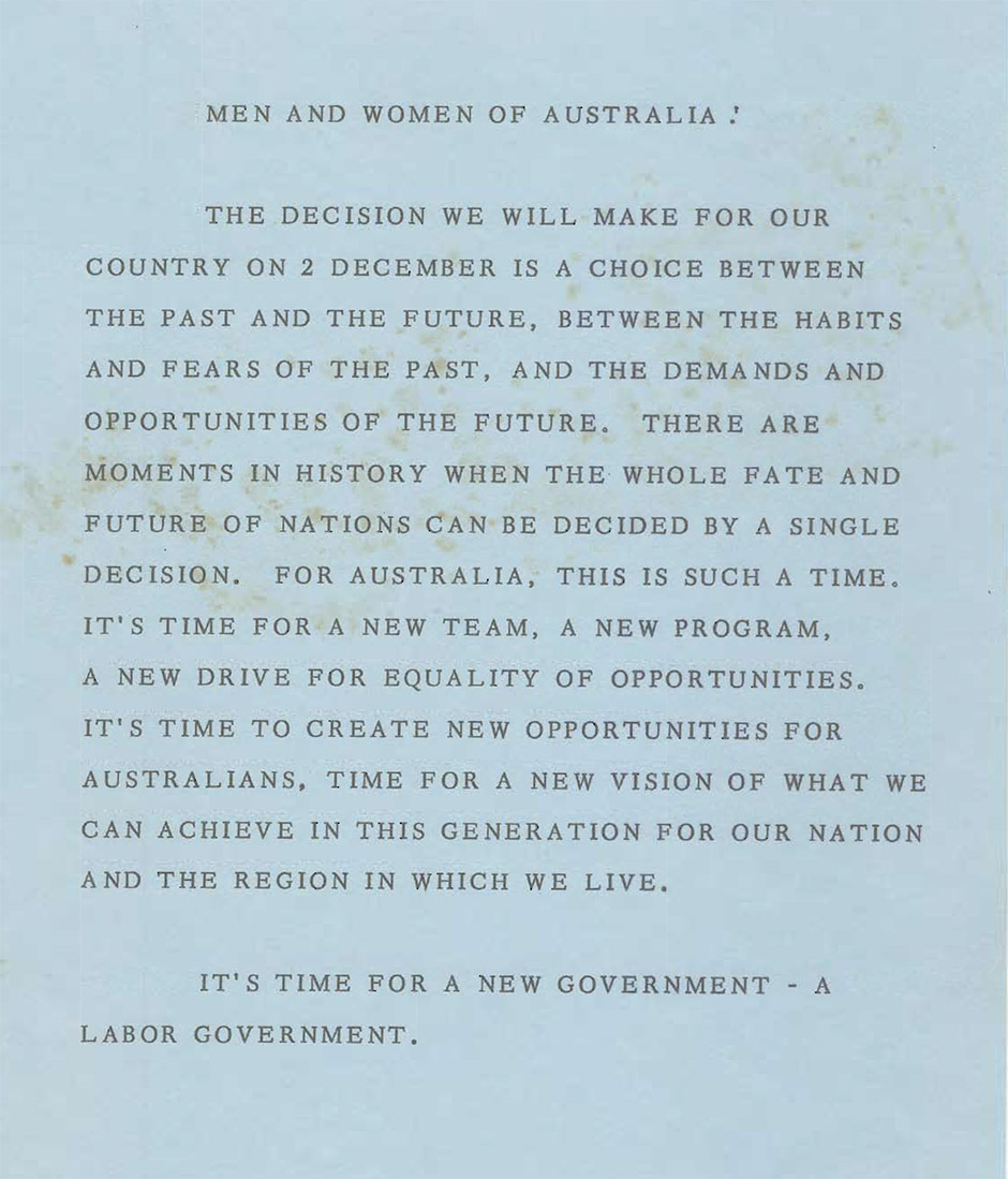 The original copy of Gough Whitlam's 1972 election policy speech - known as the It's Time speech.