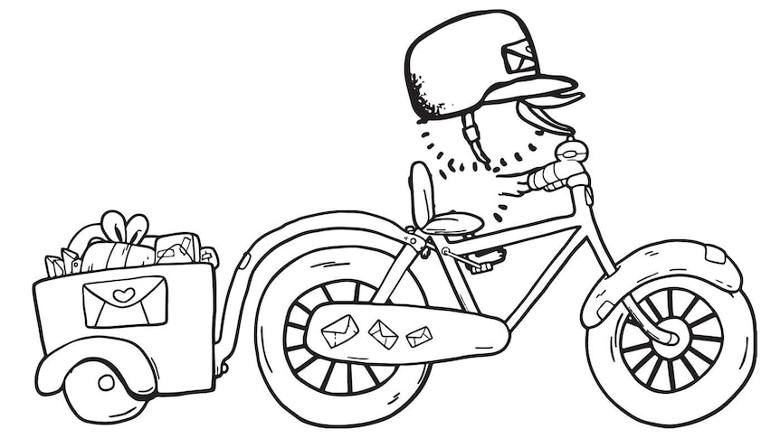 Delivery Duckling riding a bike with a trailer full of parcels and letters