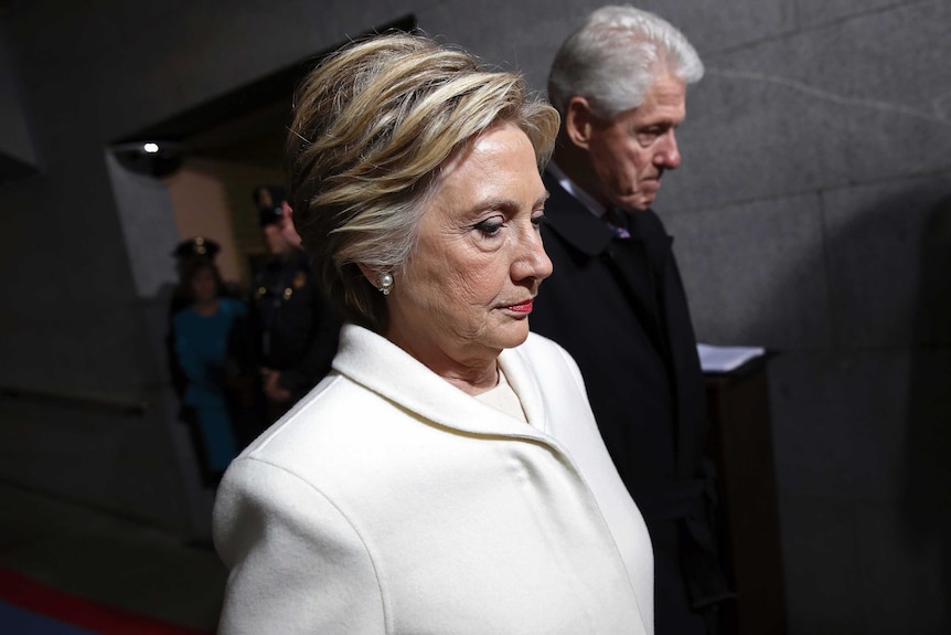 Hillary and Bill Clinton arrive at the US Capitol for the inauguration ceremony.