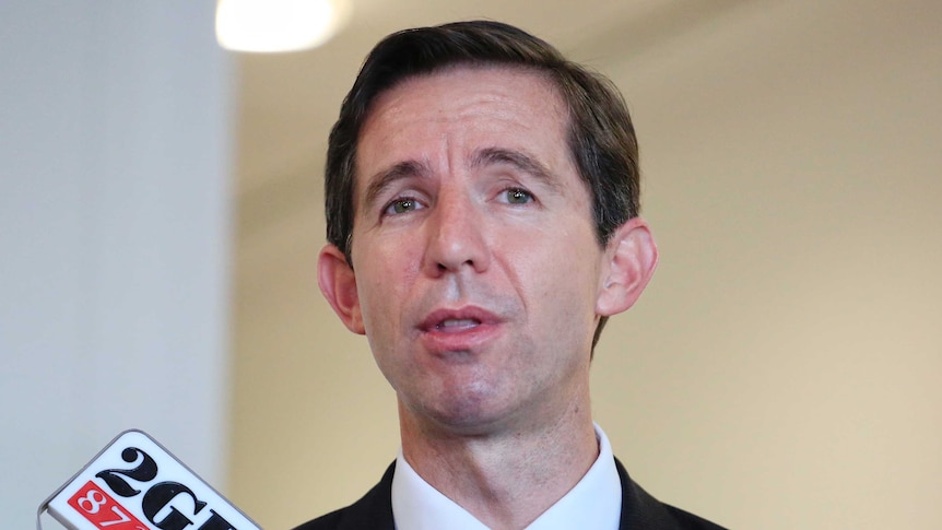 Education Minister Simon Birmingham speaks to reporters at Parliament House, 2GB Microphone in foreground of photo