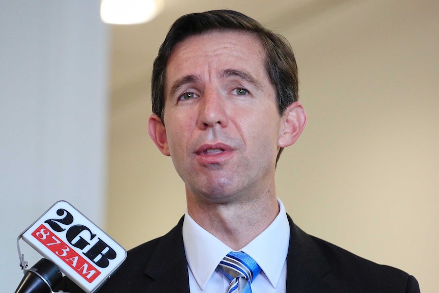 Education Minister Simon Birmingham speaks to reporters at Parliament House, 2GB Microphone in foreground of photo