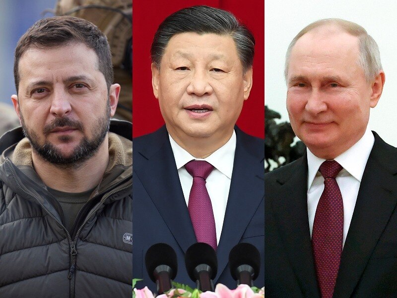 Volodymyr Zelenskyy (left), Xi Jinping (centre), Vladimir Putin (right)