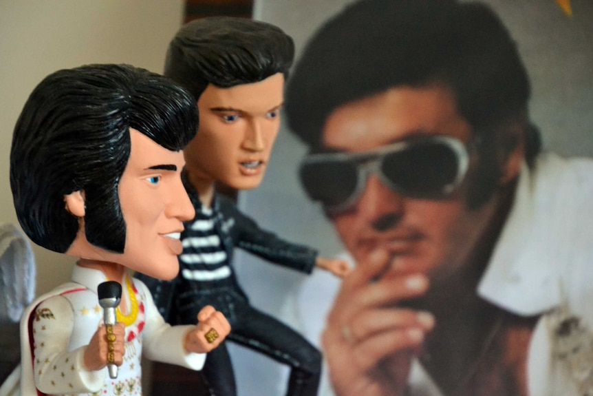 Elvis bobblehead figurines sit in front of a promotional poster for the Craig Teys Show, in his house in Ballina.