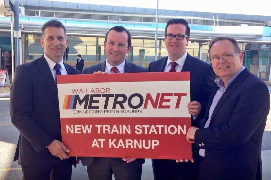 A screenshot of a Facebook post showing four politicians holding a red sign about Karnup Train Station.