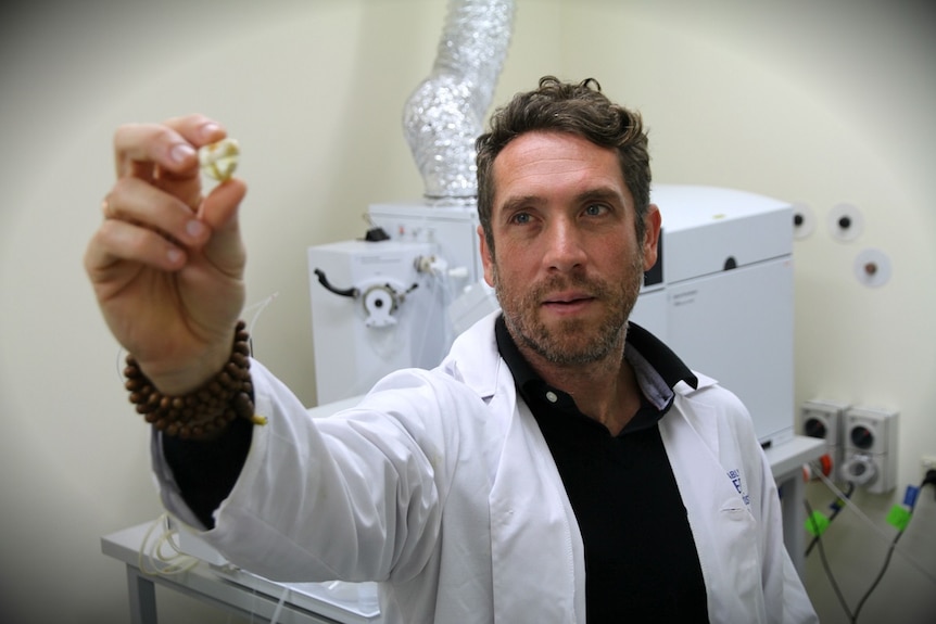 A man in a white lab coat holding up a tooth. Lab equipment behind him.