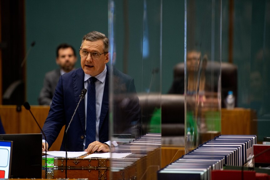 Michael Gunner delivers a speech on the floor of Parliament.