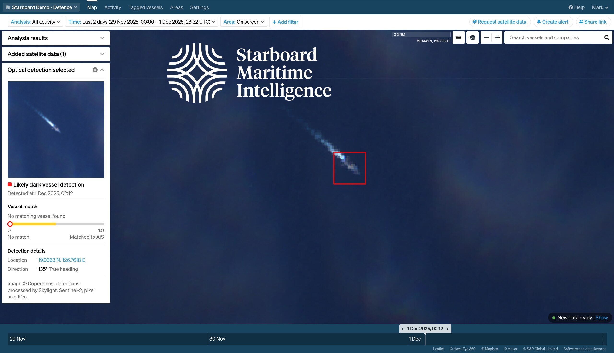 Screenshot of Starboard Maritime Intelligence webpage showing a satellite photo of the ocean with a red square around a frigate