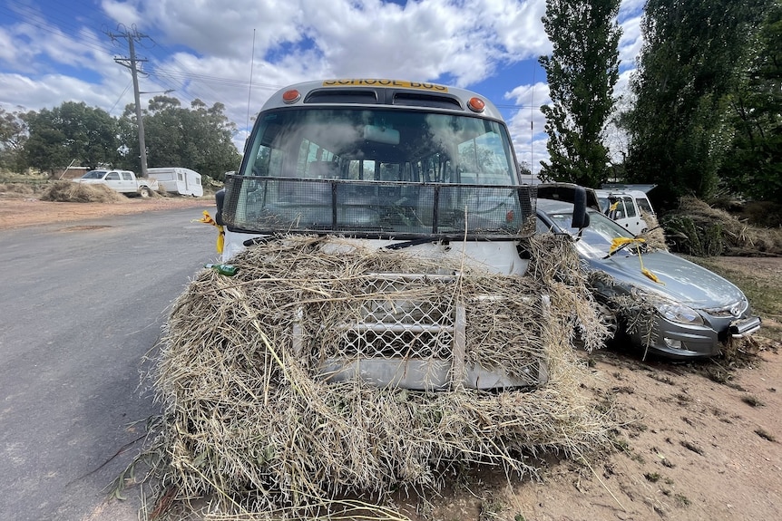 A mini-bus on the side of the road, covered in vegetation. Other damaged cars are in the background.