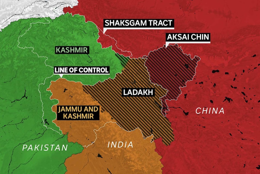 A map showing how India, Pakistan and China all hold different parts of Jammu and Kashmir and Ladakh