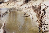 Low river with party submerged wreck of the PS Rodney