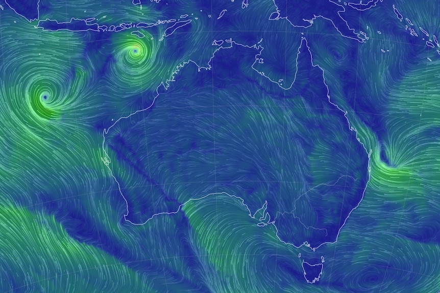 A wind map showing two looming cyclones off WA.