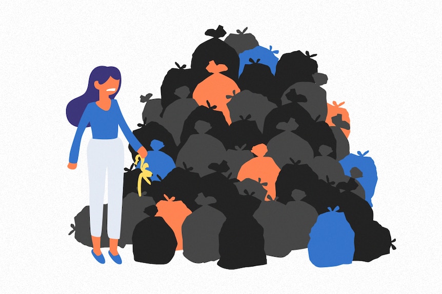 An illustrated graphic showing a woman standing next to a large pile of rubbish bags.