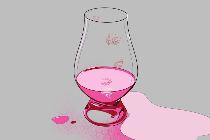 An illustration shows bloodied finger prints on a whisky glass.
