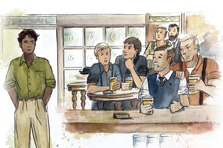 Illustration of Indigenous man being shunned by white patrons as he walks into a veterans' club or pub post World War One.