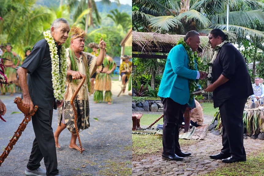 Spliced image of two Pacific elders outdoors meeting people. 