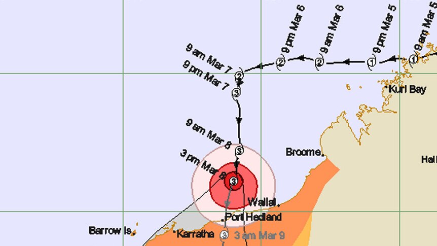 The cyclone is likely to cross the Western Australian coast before midnight tonight.