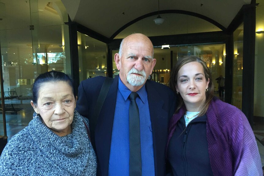 Robin Irvine's family, Cathy, David and Rebecca Irvine outside Downing Centre District Court in Sydney.
