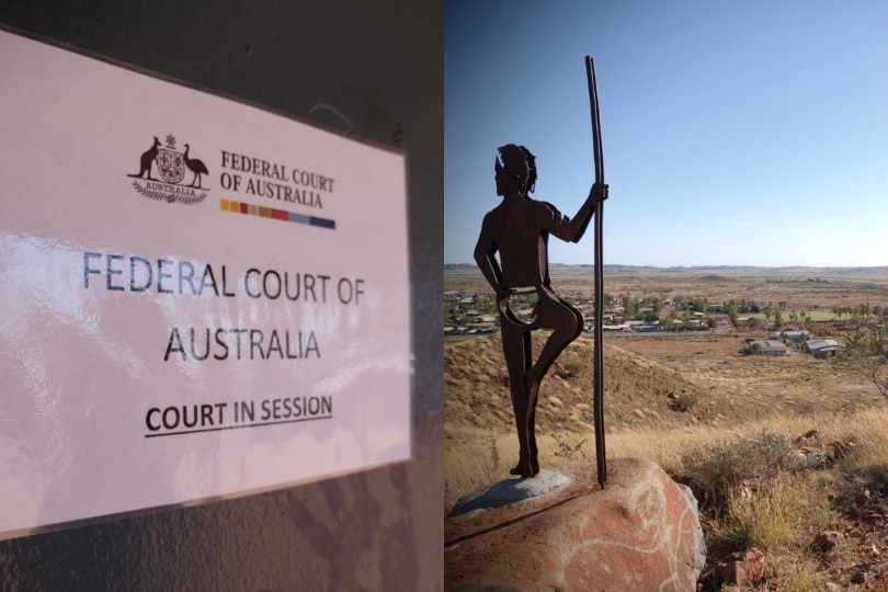 Composite image of a Federal Court Sign and a statue overlooking Roebourne.