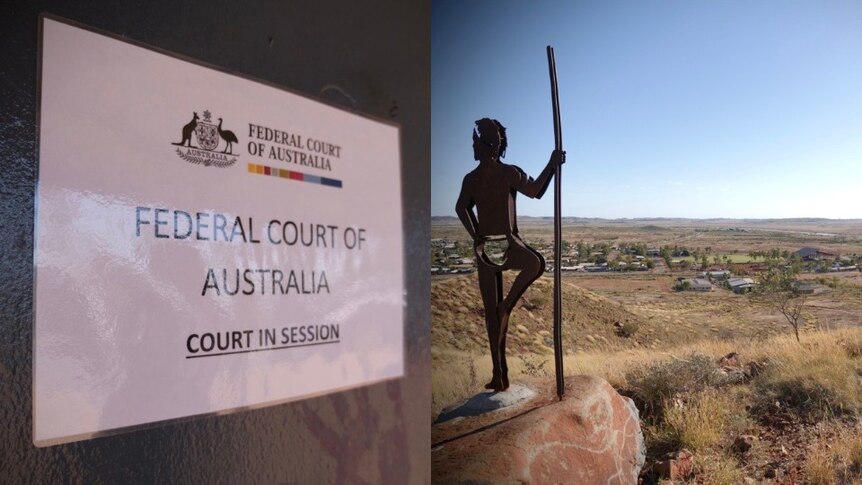 Composite image of a Federal Court Sign and a statue overlooking Roebourne.