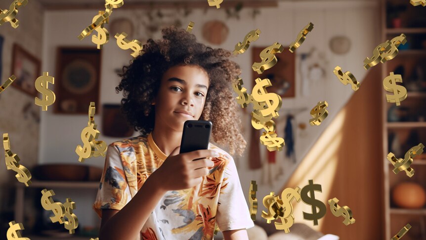 A young person hold their phone to record themselves, golden dollar signs float around them.