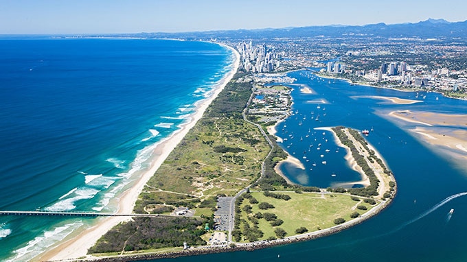 An aerial view of The Spit, Gold Coast, showing Surfer's Paradise in the backgroun.d