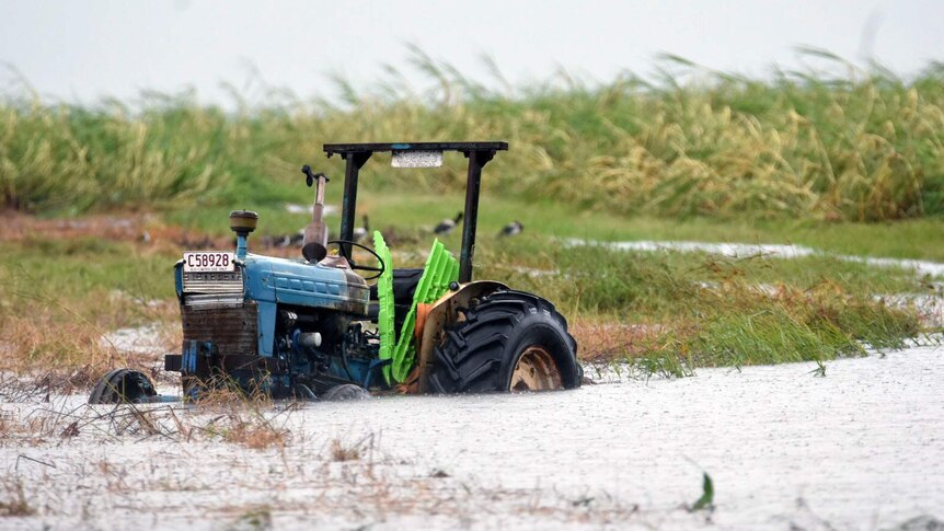 A tractor is seen inundated with water on a property south of Bowen.