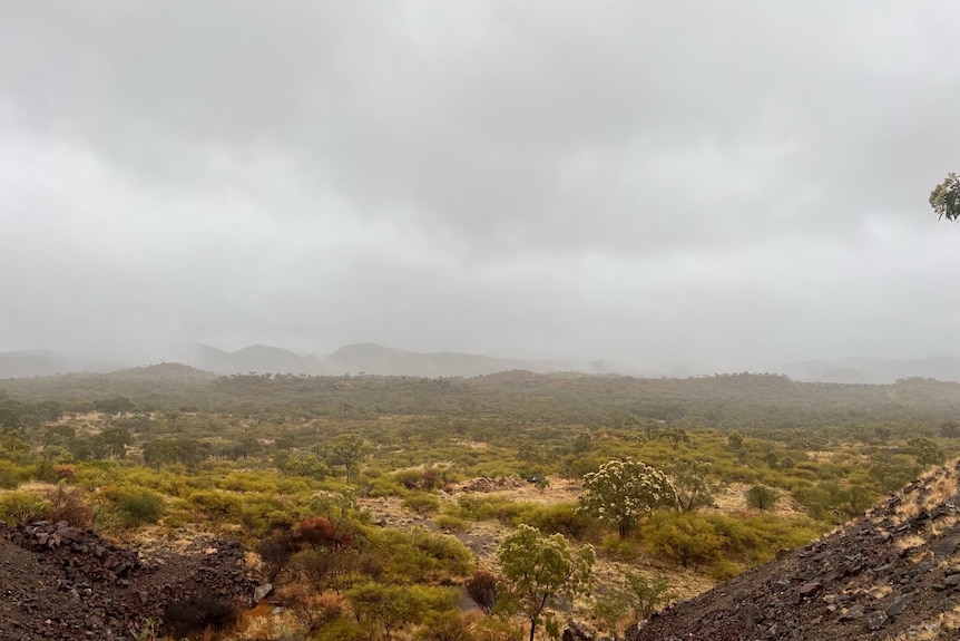 An outback valley is shrouded by grey clouds. 