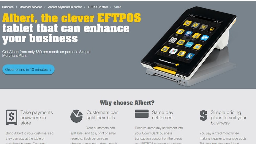 A screengrab claims the Albert EFTPOS machine is 'clever' and lists the benefits of using it