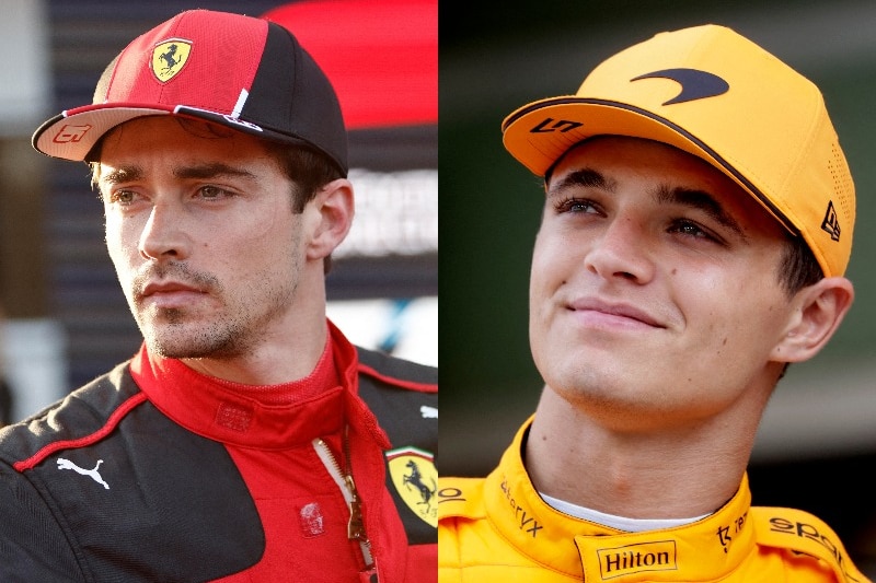 Zwei F1-Fahrer, einer in Rot und der andere in Orange, nach einer Sitzung im Fahrerlager
