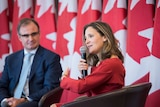 Freeland holds a microphone speaking on a chair in front of a wall of red and white Canadian flags.