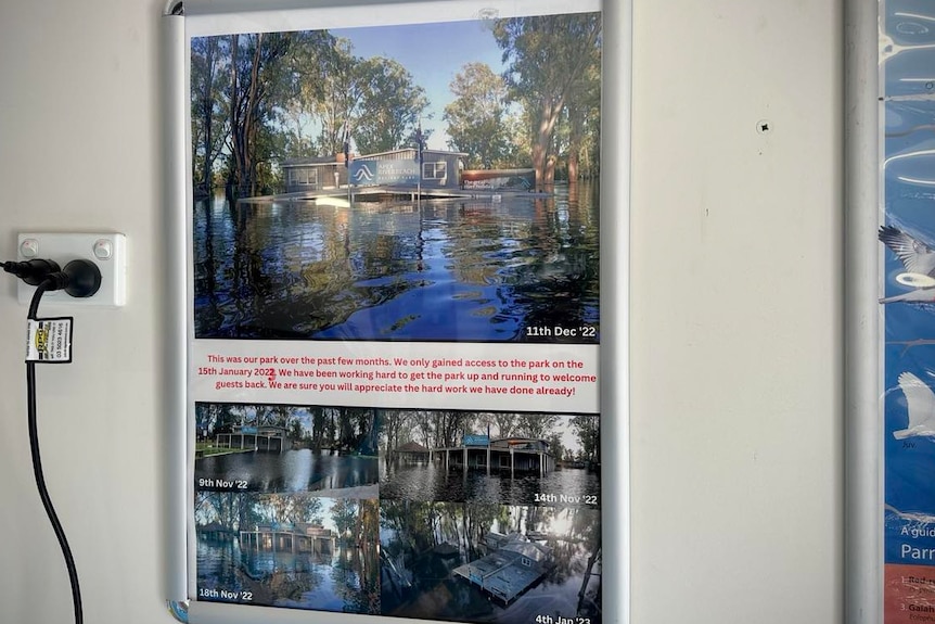 Poster collage of different flood photos of the caravan park during the floods (submerged)