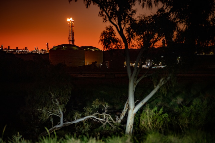 A gas plant with two chimneys shooting up flames at dusk, with trees in the foreground.