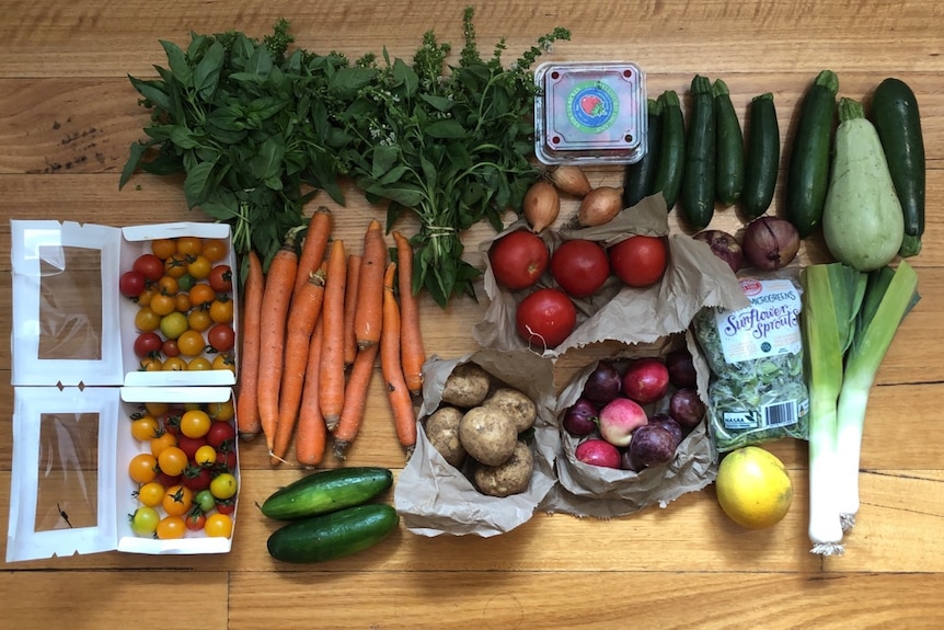 Fresh vegetables laid out on a table