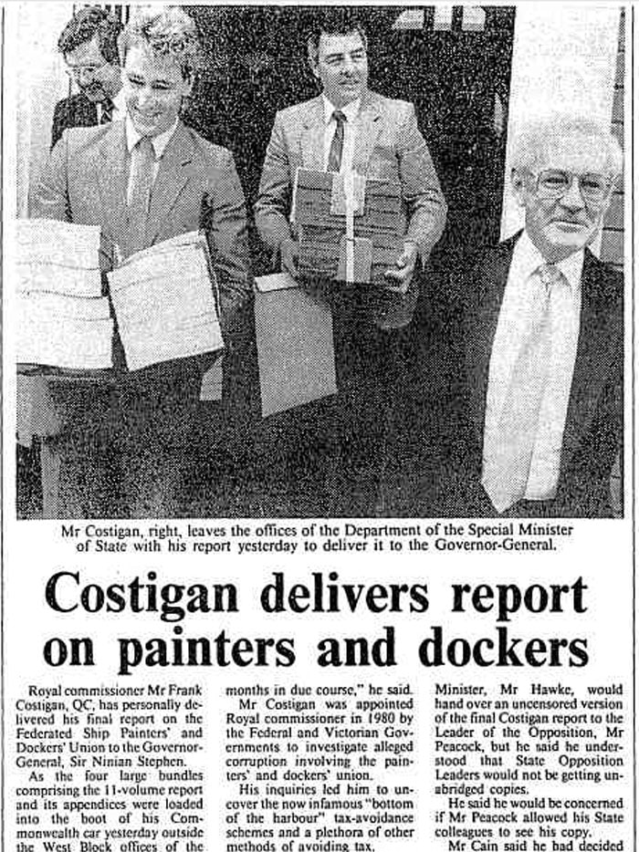 Archival article from the Canberra Times with a picture of Frank Costigan QC delivering report