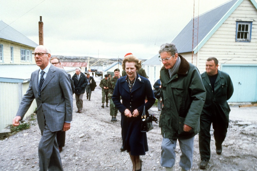Margaret Thatcher visits Falklands in 1983.