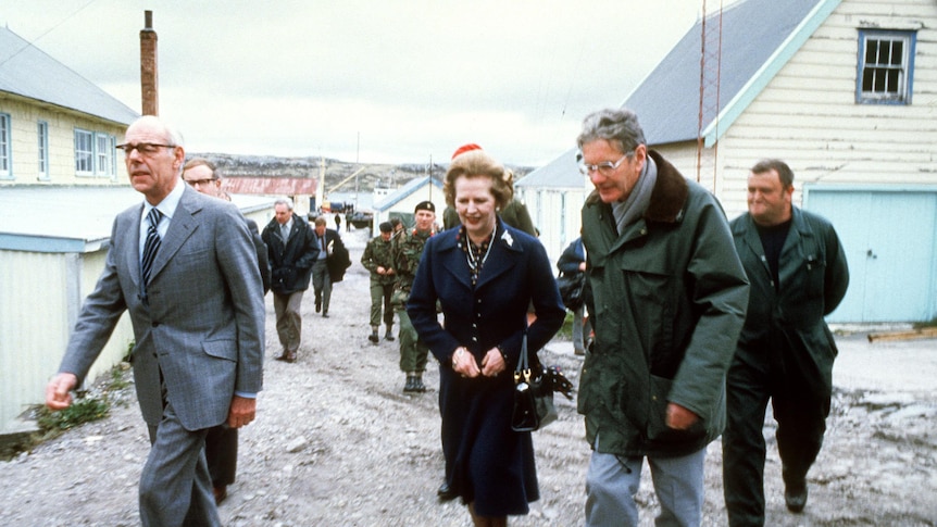 Margaret Thatcher visits Falklands in 1983.