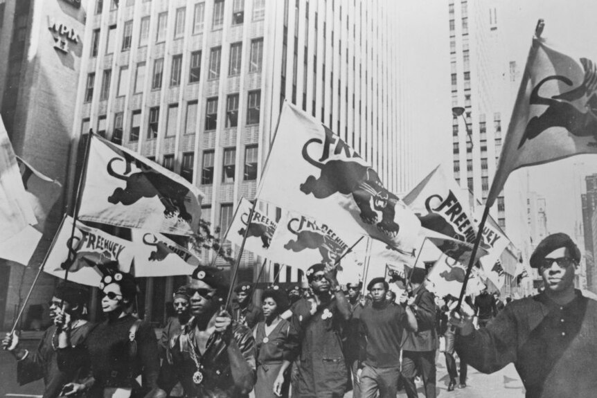 Black panthers in uniform carry flags through an urban area