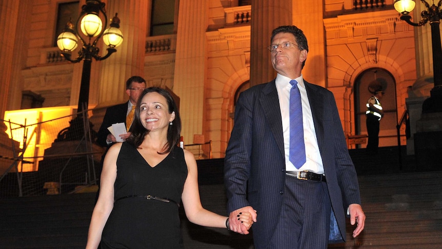 Former Victorian premier Ted Baillieu leaves state parliament with his wife Robyn