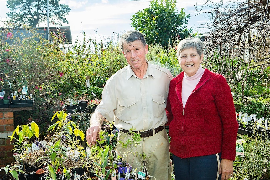 An older couple pictures smiling in a nursery garden
