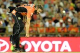 Andrew Tye watches a cricket ball after it has left his hand in a Big Bash match at the WACA Ground.