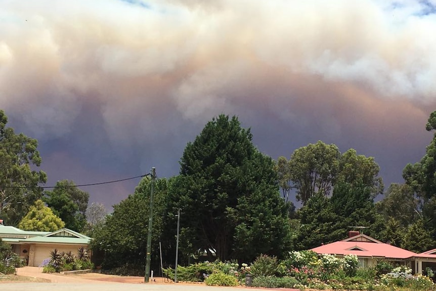 Suburban houses with a cloud of smoke behind them.