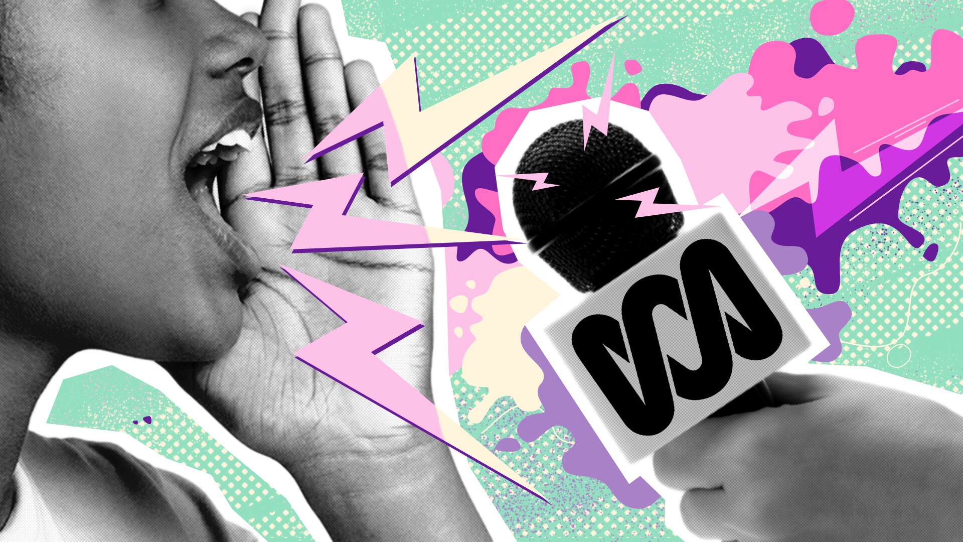A graphic image of a woman shouting into an ABC microphone.