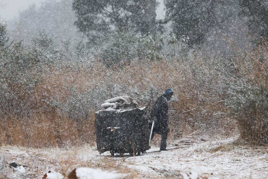 A garbage collector and a trash bin standing in the middle of snowfall. 