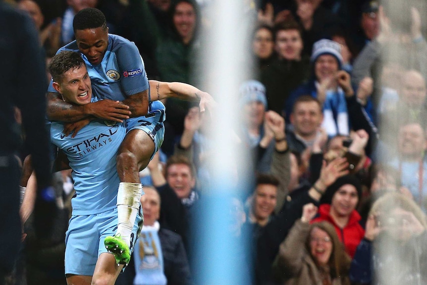 John Stones celebrates goal against Monaco