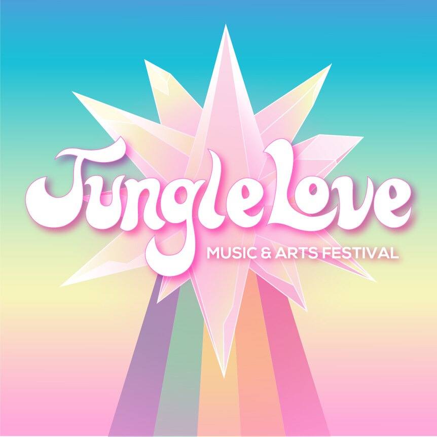 Jungle Love festival poster with a rainbow going into a star. 
