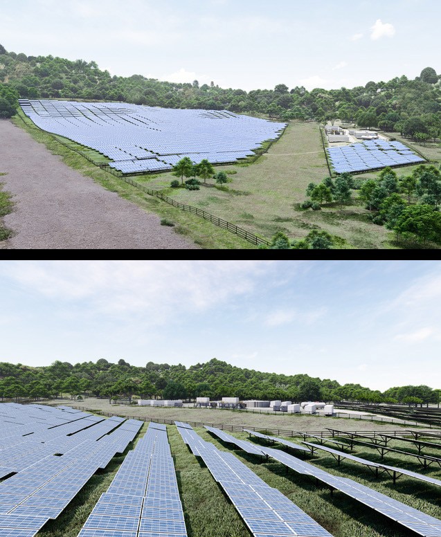 Two photos showing a small solar farm in a field surrounded by rainforest.